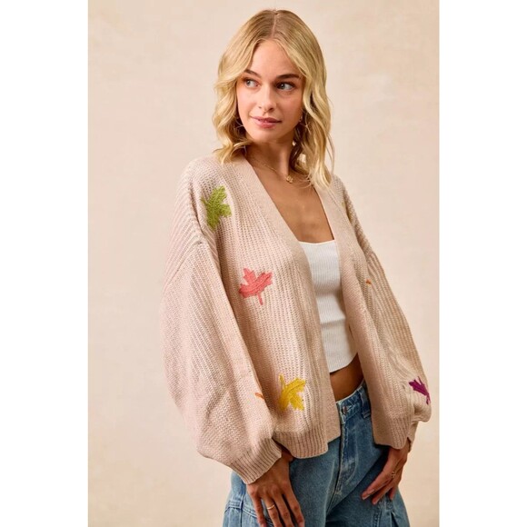 BiBi Two Tone Knit Cardigan with Leaf Appliqués - Picture 8 of 11